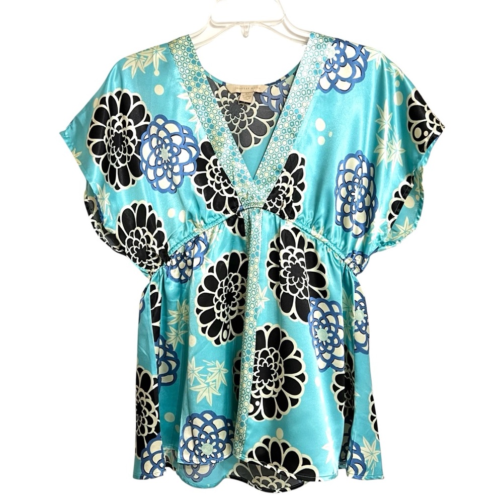 Jonathan Martin Baby Doll VTG Y2K Floral  Top Womens L Blue Satin Boho Festival